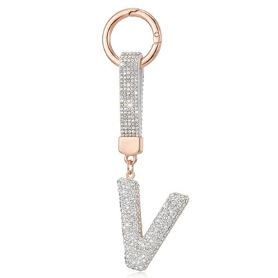 Zilverkleurige sleutelhanger met letter V en strass steentjes – initial sleutelhanger voor dames en heren – metalen sleutel hanger met ronde ring en decoratieve letter hanger