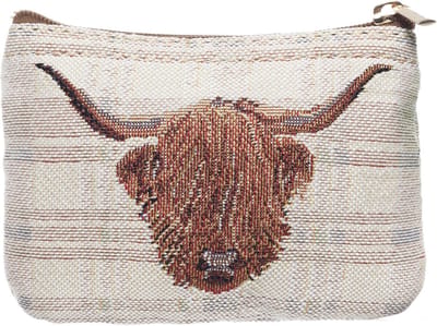 Ritsportemonnee - luxe gobelinstof - Highland Cow - Schotse Hoogland - Creme achtergrond - Dierenprint