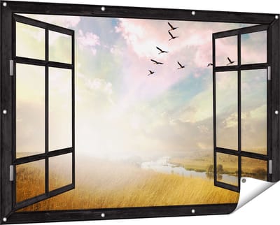 Gards Tuinposter Doorkijk Groep Vogels Vliegen Boven het Gras - 150x100 cm - Tuindoek - Tuindecoratie - Wanddecoratie buiten - Tuinschilderij