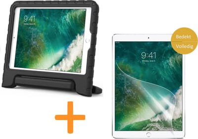 Hoes geschikt voor iPad 2017 / 2018 9.7 inch - Screen Protector GlassGuard - Kinder Back Cover Kids Case Hoesje Zwart & Screenprotector