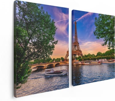 Artaza Canvas Schilderij Tweeluik Eiffeltoren In Parijs Aan Het Water - Kleur - 120x80 - Foto Op Canvas - Canvas Print