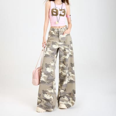 Hoge taille Amerikaanse Losse Wijde Pijp Jeans Dames Wijde Pijp Broeken Dames Casual Broeken Dames Camouflage Broeken L beige