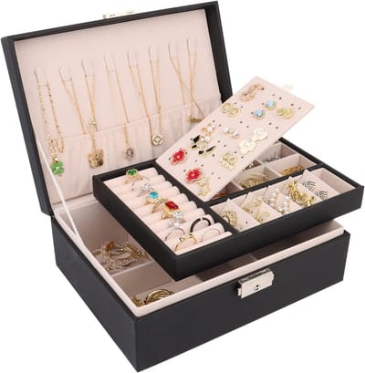 Famanu Sieradendoos, Opberger voor juwelen, 2 niveaus voor dames, sieradendoosje voor ringen, oorbellen, halskettingen en horloges, met slot en sleutel