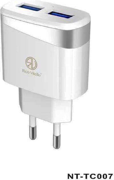 Oplader Rico Vitello voor Samsung, voor iPhone, thuislader 2.4A , home charger, universele travel charger  wit, CE certificate