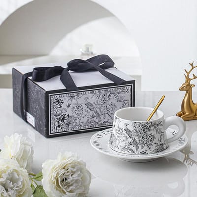 Tasse à café et soucoupe haut de gamme Banxia Fleur et Oiseau  Mugs  Tasses en céramique  Cadeaux d'anniversaire exquis pour femmes Tasses souvenir 300ml gray