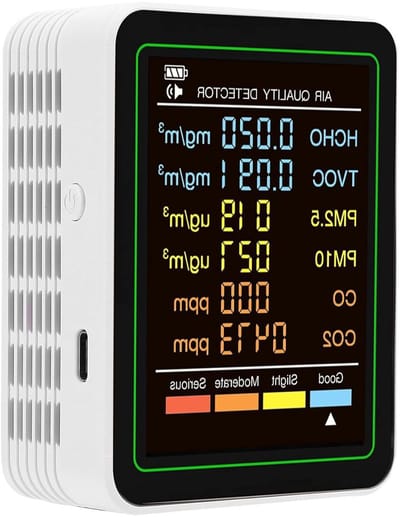 SEAFRONT 6-in-1 Luchtkwaliteitsmonitor CO2 TVOC HCHO PM2.5 PM10 Indoor CO2-detector met HD-kleurenscherm en 1200mAh-batterij voor Thuiskantoor, Schoolhotel