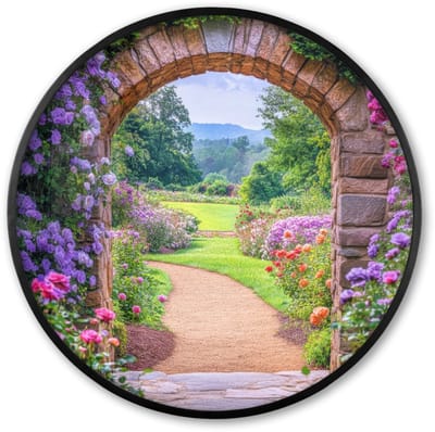 Poster in lijst Rond - Fotolijst 60x60 cm - Posters - Doorkijk - Poort - Bloemen - Tuin - Ronde posterlijst zwart - Decoratie - Wanddecoratie woonkamer - Muurdecoratie slaapkamer