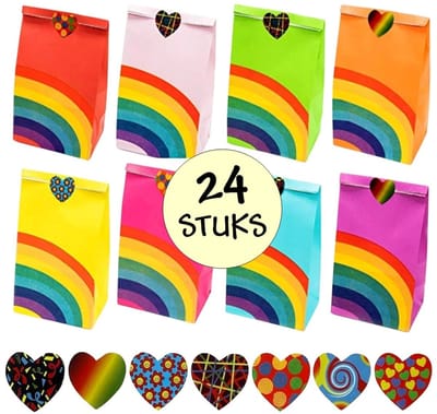 Fako Bijoux - 24 Uitdeelzakjes + Stickers - Regenboog - 12x8x22cm - Stevig Papier - Traktatie Zakjes - Papieren Zakjes - Cadeau Zakjes - 8 Verschillende Prints - Kraftpapier - 24 Stuks