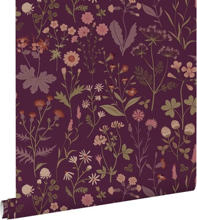 ESTAhome behang veldbloemen aubergine paars - 50 x 900 cm - 131637