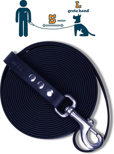 Miqdi lange lijn – BioThane® - zwart – 5 meter lang – 19mm breed – L/XL - grote hond – lange hondenriem