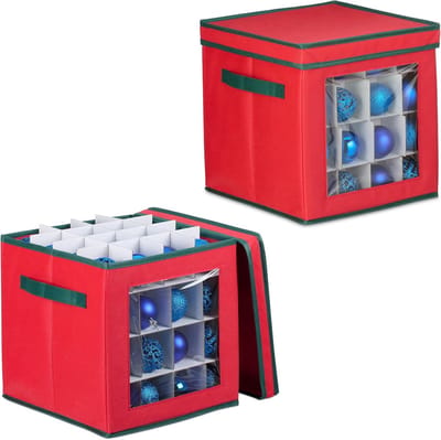 Famanu - Kerstballen opbergbox, set van 2, elk 64 vakken, HxBxD: 33 x 32 x 32 cm, kerst opbergdoos, rood/groen