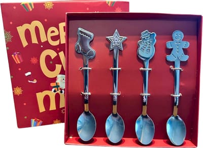 Kerstbestek: Lepeltjes met Kerstdecoratie in geschenddoosje - 13CM - RVS Zilver - Koffielepel/Theelepel/Dessertlepel