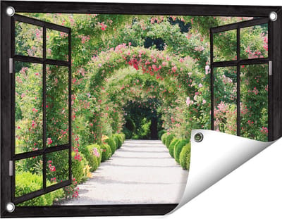 Gards Tuinposter Doorkijk Rozenbogen Tunnel - 60x40 cm - Tuindoek - Tuindecoratie - Wanddecoratie buiten - Tuinschilderij