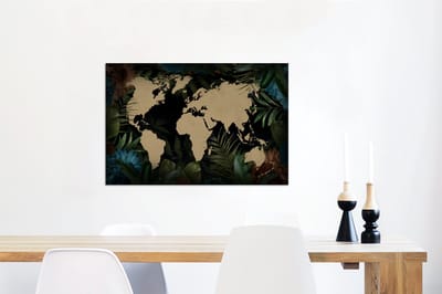 Aluminium schilderij 90x60 cm - Wanddecoratie metaal - Wereldkaart - Tropische Planten - Bladeren - Metalen muurdecoratie woonkamer - Decoratie industrieel - Foto op dibond - Industriële accessoires slaapkamer