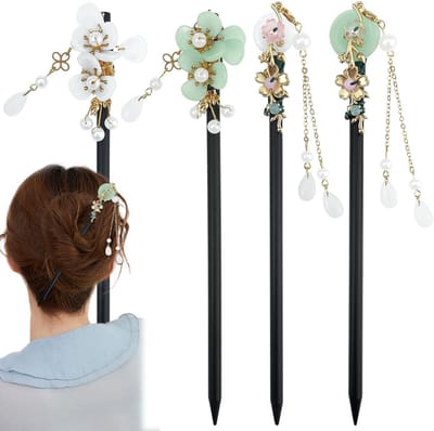 Dailygoods - Chinese haarspelden, 4 stuks, houten haarspelden, retro vlinderbloem, pareldecoratie, geschikt voor vrouwen en meisjes, lang haar (A)