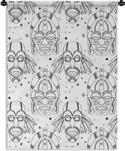 Wandkleed - Wanddoek - Inca - Maskers - Patroon - Zwart-wit - 90x120 cm - Wandtapijt