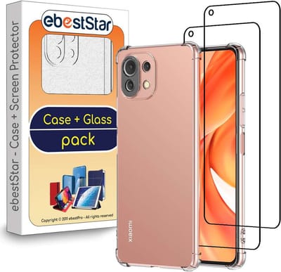 ebestStar - Hoes geschikt voor Xiaomi Mi 11 Lite, Mi 11 Lite 5G, NE, Silicone Slim Cover Case, Versterkte Hoeken en Randen hoesje, Transparant + Gehard Glas x2