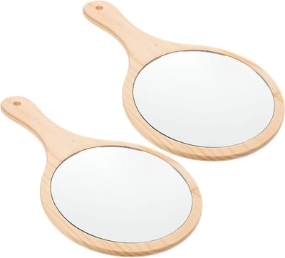 Handige Houten Spiegel - Mini Vanity Spiegel - Make-up Bijwerken - Ergonomische Grip - 2 Stuks - Beige