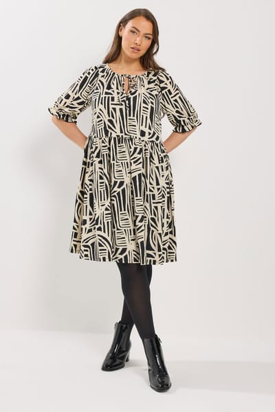 Yours Zwarte Abstracte Jurk Met Strik Aan De Hals Size 44
