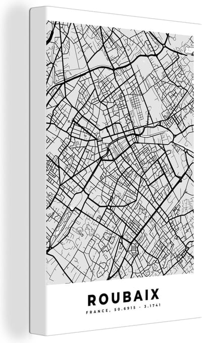 Canvas Schilderij Plattegrond - Kaart - Stadskaart - Frankrijk - Roubaix - 20x30 cm - Wanddecoratie