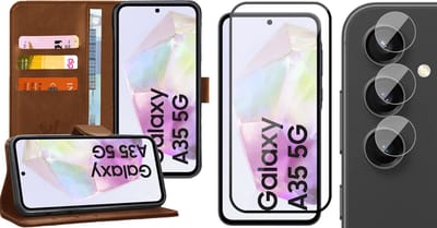 Hoesje geschikt voor Samsung Galaxy A35 - Screenprotector Volledig Dekkend Glas & Camera - Portemonnee Book Case Bruin