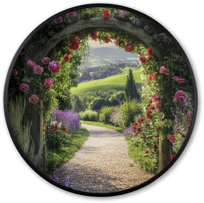 Poster in lijst Rond - Fotolijst 60x60 cm - Posters - Doorkijk - Tuinboog - Bloemen - Natuur - Pad - Ronde posterlijst zwart - Decoratie - Wanddecoratie woonkamer - Muurdecoratie slaapkamer