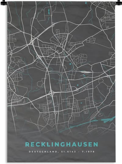 Wandkleed - Wanddoek - Stadskaart – Plattegrond – Duitsland – Blauw – Recklinghausen – Kaart - 120x180 cm - Wandtapijt