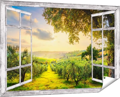 Gards Tuinposter Doorkijk Olijvenbomen - Olijvengaard - 150x100 cm - Tuindoek - Tuindecoratie - Wanddecoratie buiten - Tuinschilderij