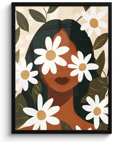 Poster in lijst - Fotolijst 60x80 cm - Posters - Illustratie - Vrouw - Madeliefjes - Wit - Posterlijst zwart - Decoratie - Wanddecoratie woonkamer - Muurdecoratie slaapkamer