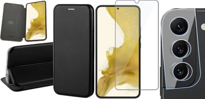 Hoesje geschikt voor Samsung Galaxy S22 Plus - Book Case Kunstlederen Wallet Cover Minimalistisch Pasjeshouder Hoes Zwart - Tempered Glass Screenprotector - Camera Lens Protector