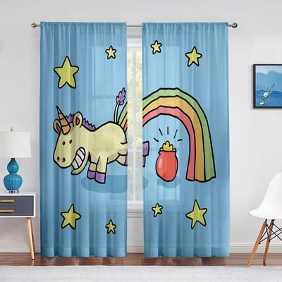 Kleurrijk Regenboog Cartoon Eenhoorn Transparant Gordijn voor Woonkamer Decoratie Modern Tule Raamgordijn voor Meisjesslaapkamer Voile Gordijnen 1 PCS W100XH250cm&Grommet Top
