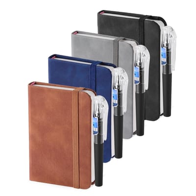Dailygoods - ZWQLZG 4 stuks Notitieboek A7, klein notitieboek met 4 pennen, notitieblok A7 blanco met elastiek 11,1 × 7,5 cm, 100 vellen dik papier, zaknotitieboeken van PU-leer voor school, werk en vergaderingen