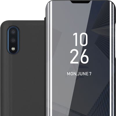 Cadorabo Hoesje geschikt voor Samsung Galaxy A01 in TOERMALIJN ZWART - Clear View Spiegel Beschermende Case met Tribunefunctie 360 Graden Bescherming Book Case Cover Etui