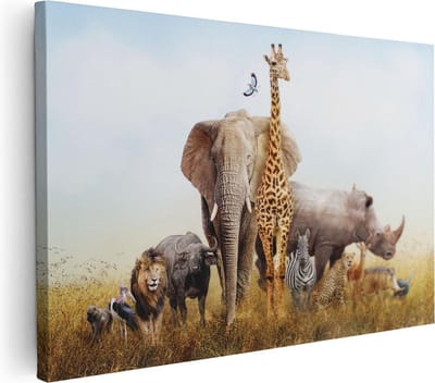 Artaza Canvas Schilderij Safaridieren - 30x20 cm - Klein - Wanddecoratie Leeuw En Zebra - Muurdecoratie Afrika - Kamer Accessoires