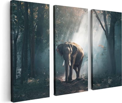 Artaza Canvas Schilderij Drieluik Olifant In Het Bos Met Zonneschijn - 120x80 cm - Wanddecoratie Woonkamer - Schilderijen - Muurdecoratie