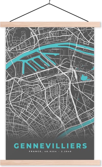 Posterhanger incl. Poster 40x60 cm - Schoolplaat - Gennevilliers - Frankrijk - Plattegrond - Kaart - Stadskaart - Textielposter - Blanke latten - Stadskaart