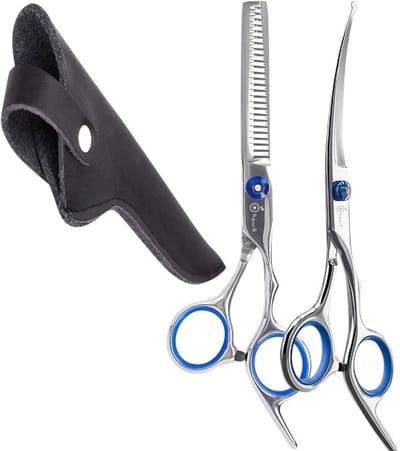 Professor Q Combo – Professionele Scharenset voor Honden – Uitdunschaar + Up Gebogen Trimschaar – RVS – Ergonomisch – Inclusief Luxe Lederen Etui – 16,5 cm – Zwart