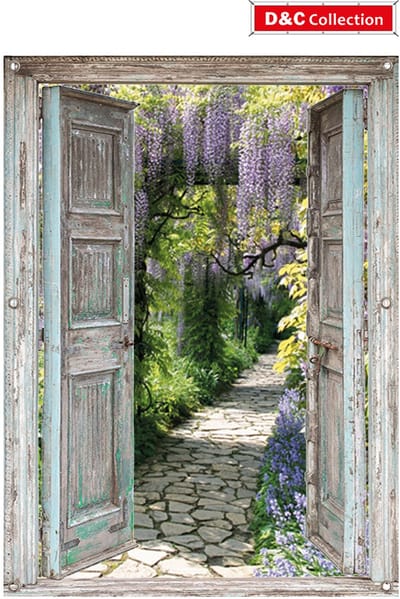 Tuinposter open deuren - 95x130 cm - blauwe regen - doorkijk - tuindoek - schuttingposter - tuindecoratie - schuttingdoek - buitenposter