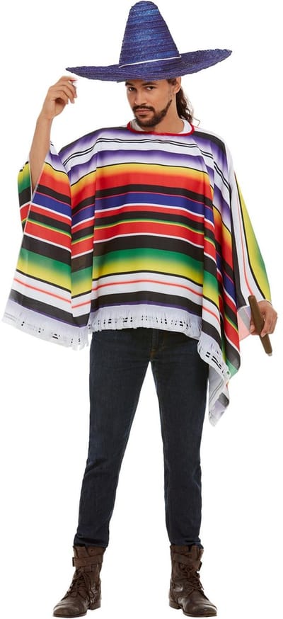Carnaval verkleed set Mexicaan - gekleurde one size poncho - Sombrero hoed blauw met dia 59 cm