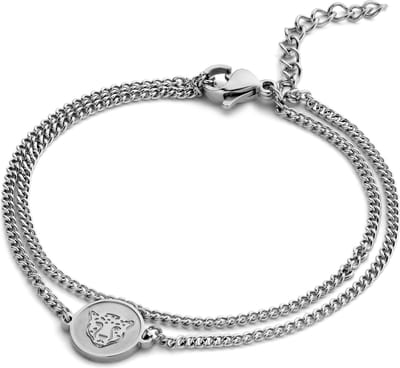 CO88 Collection 8CB-90687 Stalen Armband Dames - Dubbele Armband - Muntje - Cheetah - 16,5+3cm - Zilverkleurig