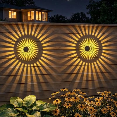 LISM-Op zonne-energie werkende buitenverlichting voor de schutting, 2-delige metalen lampenset, op zonne-energie werkende wand- en trapverlichting, een tuincadeau voor moeders (warm bloemenpatroon).