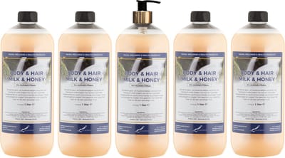 Body & Hair Milk & Honey 1 liter met gouden pomp - set van 5 stuks - 2 in 1 voor lichaam en haar - voordeelverpakking