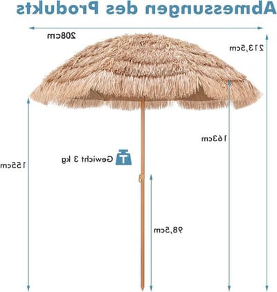 Ronde Tuinparasol van 2M voor Strand en Tuin, Opvouwbare Parasol met Zonbescherming en Natuurlijke Rietstro Design