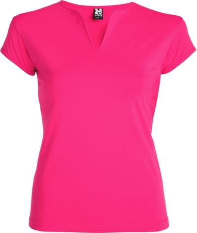Fuchsia Dames afgeronde V-hals getailleerd t-shirt model Belice maat S
