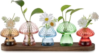 Mushroom Reproductiestation voor Thuis: Set van 5 Glazen Vazen met Houten Basis voor Planten Terrarium - Schattige Bloemenvazen voor Binnen, Woonkamer, Keuken en Kantoor Decoratie
