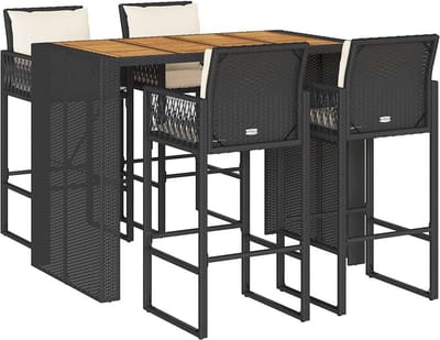 vidaXL - 5-delige - Tuinbarset - met - kussens - poly - rattan - acacia - zwart