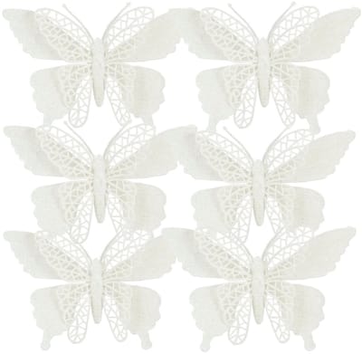 Kerstboomversiering Vlinder - 6x stuks - 16 cm - wit glitter - op clip