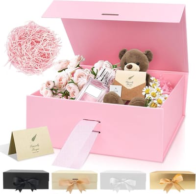 luxe magnetische geschenkdoos, 22 x 16,5 x 8 cm middelgrote verpakking met lint, versnipperd papier, wenskaart-eenvoudige montage feestgeschenkdozen voor voorstel, bruidsdouches, Kerstmis,