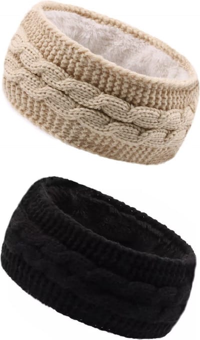 2 Stuks Dames Winter Oorwarmers met Fleece Voering – Beige en Zwart