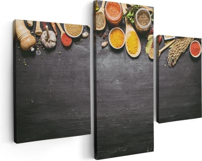 Artaza Canvas Schilderij Drieluik Indiase Kruiden Op Een Zwarte Tafel - 90x60 - Foto Op Canvas - Canvas Print